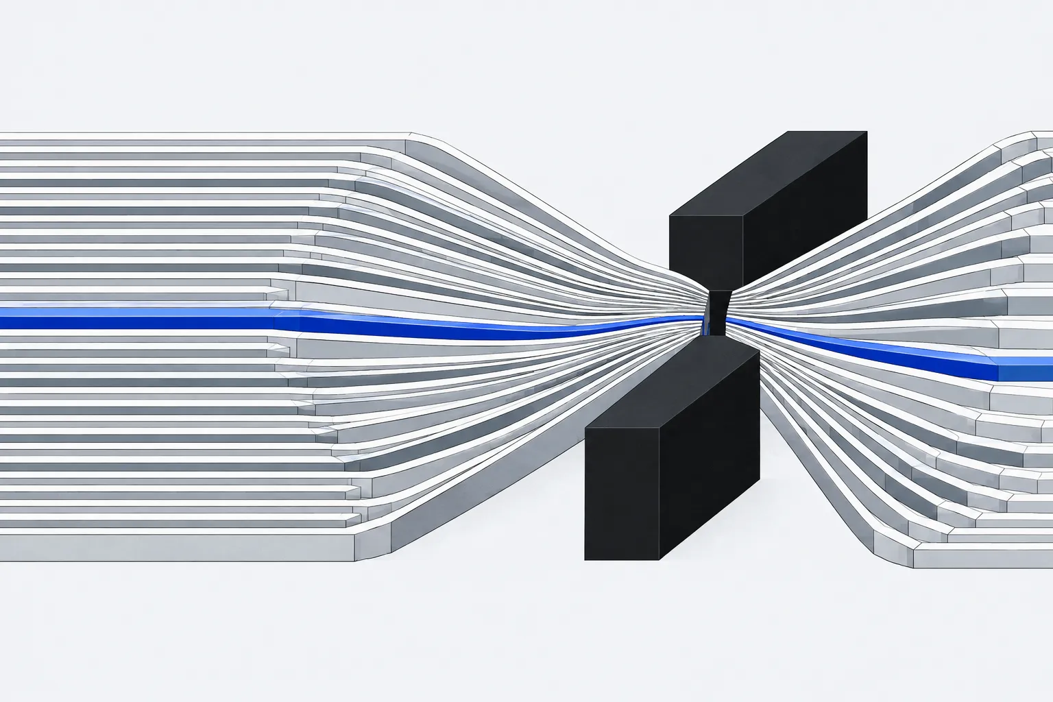 Abstract grey rails converging through a narrow gate between two black blocks and fanning out, one rail in blue.