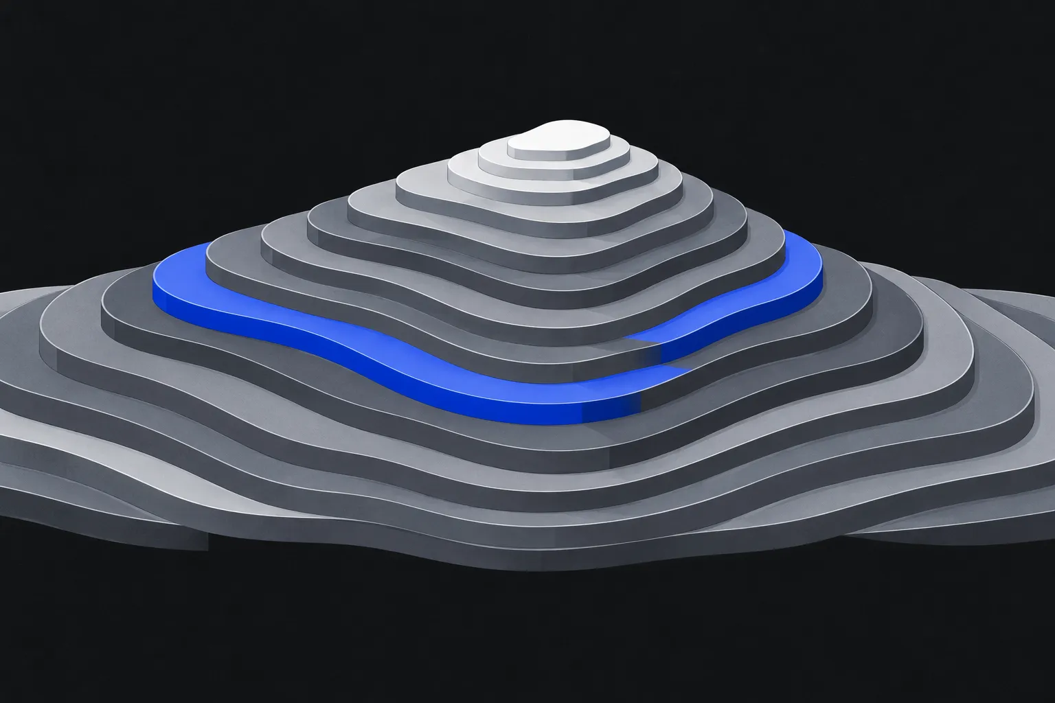Abstract stacked contour plates around a hidden mass on a dark ground, one plate in blue.
