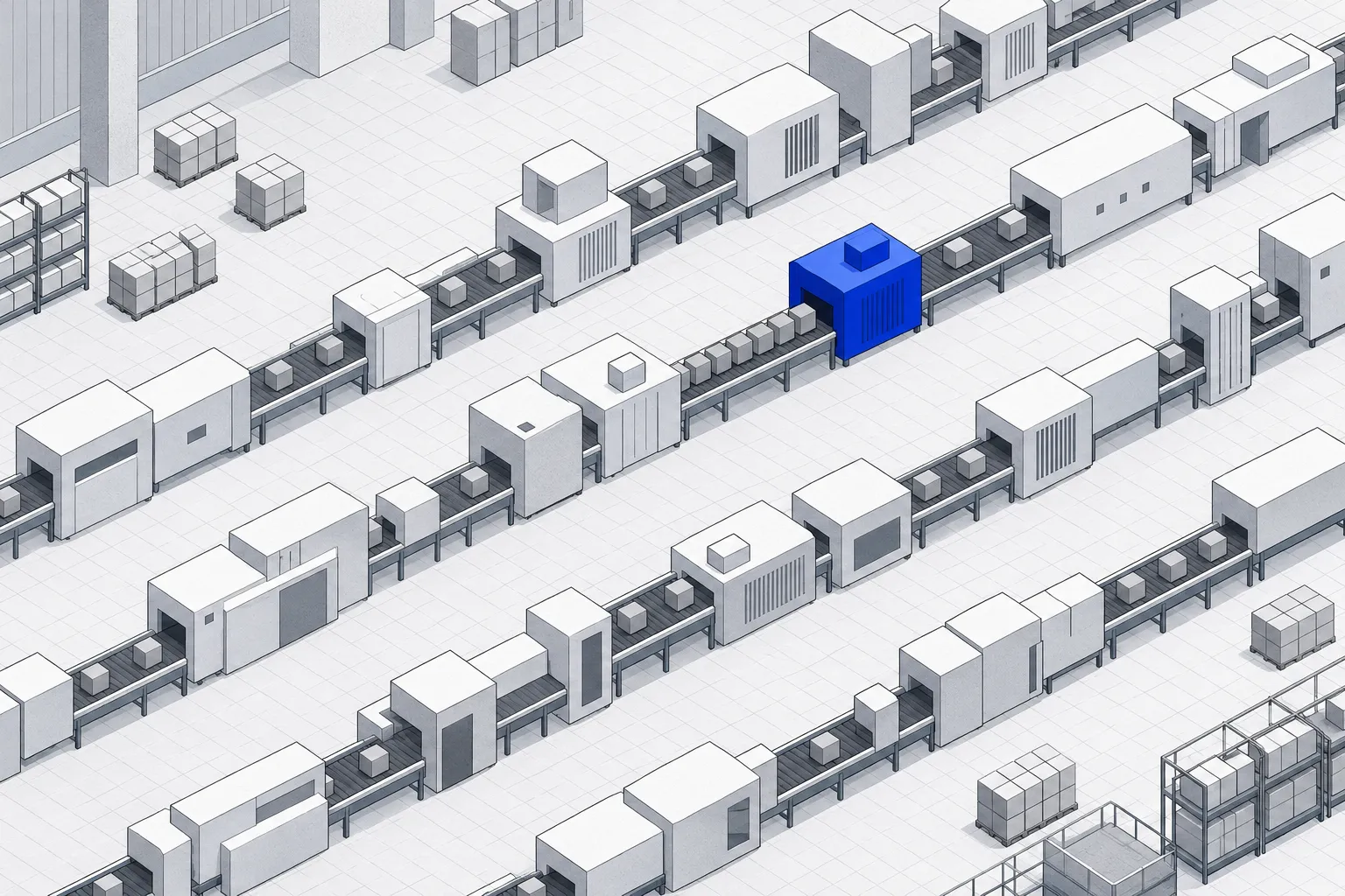 Isometric illustration of a production hall with four parallel lines; one machine station is blue, with a queue of units waiting before it: the constraint.