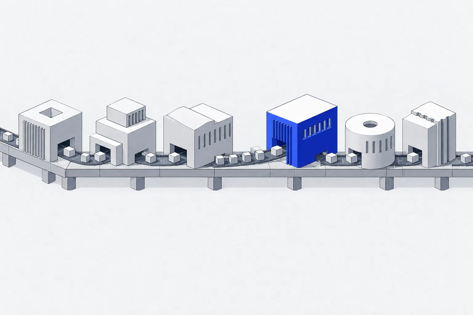 Abstract isometric conveyor carrying six process blocks, one in blue.