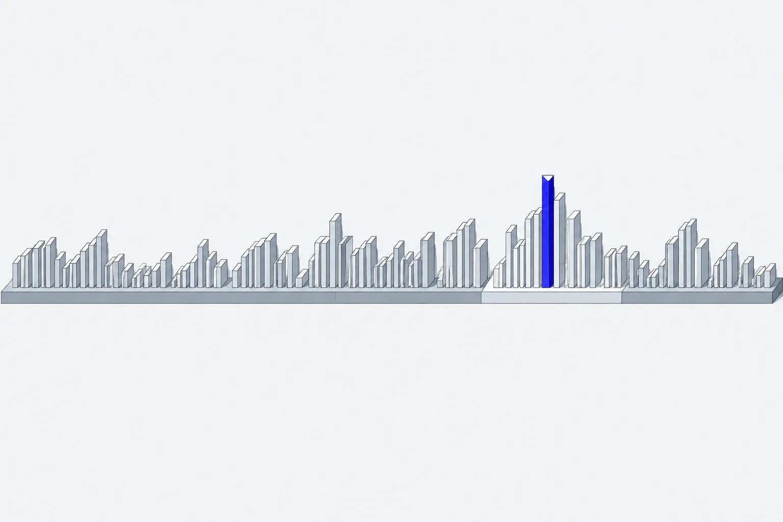 Abstract long plinth carrying a row of thin grey slabs of varying height, one tall slab in blue.