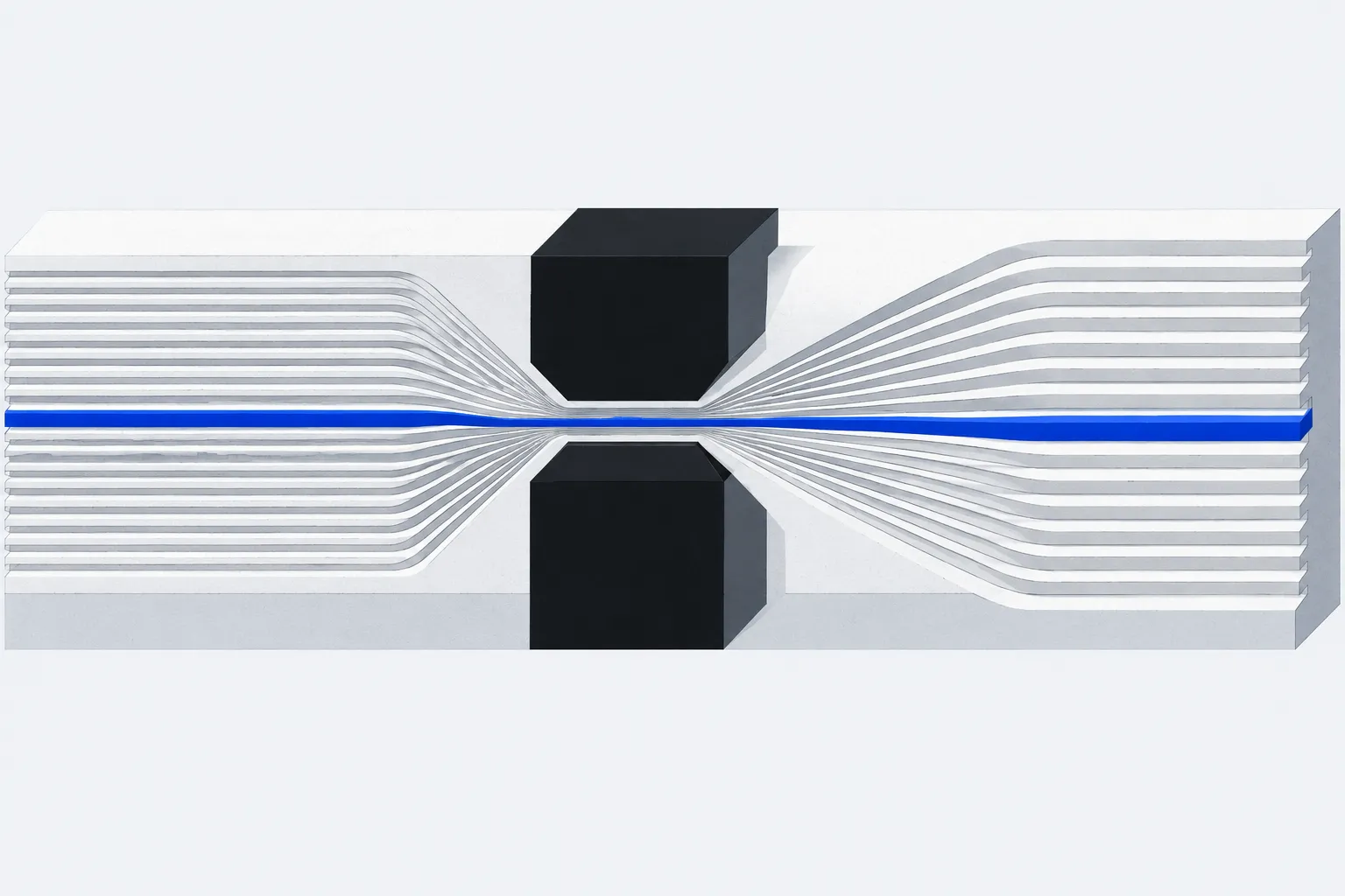 Abstract channels in a pale slab converging through a narrow slot between two black blocks, one channel in blue.