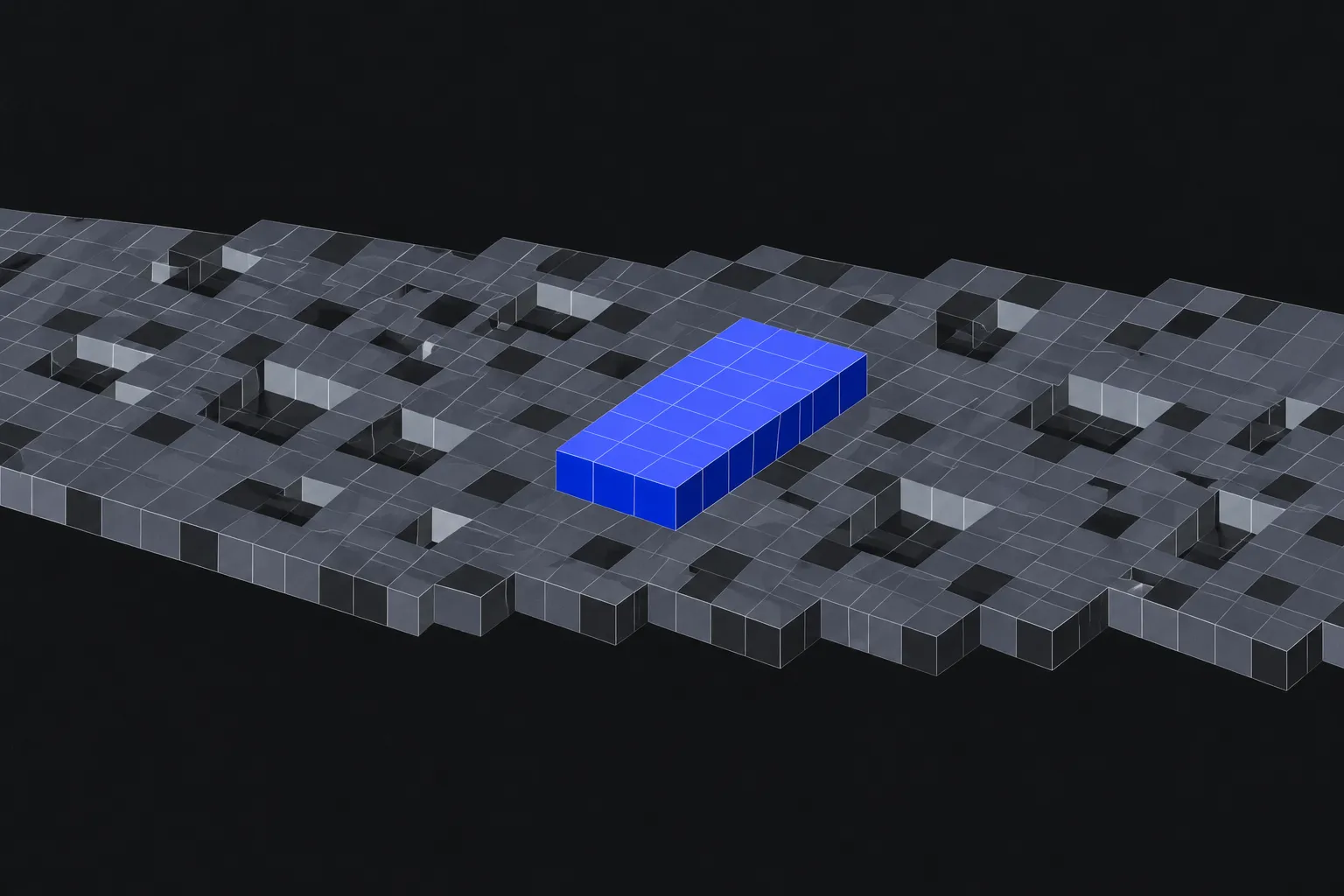 Abstract dark field of grey tiles with sunken clusters and one raised block of blue tiles.